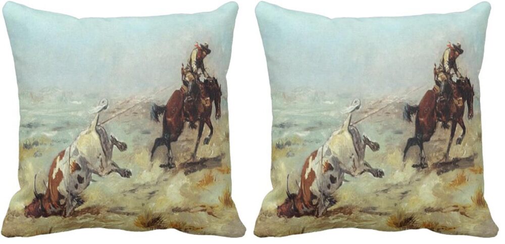 3656 Throw Pillow Cover Cowgirl Vintage Western Cowboy Roping Steer